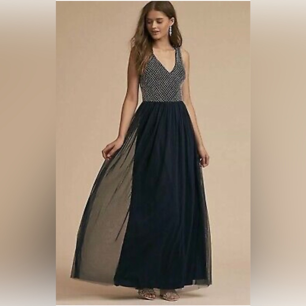 BHLDN Bryce navy beaded formal dress, Anthropologie / Adrianna Papell, Size 4
